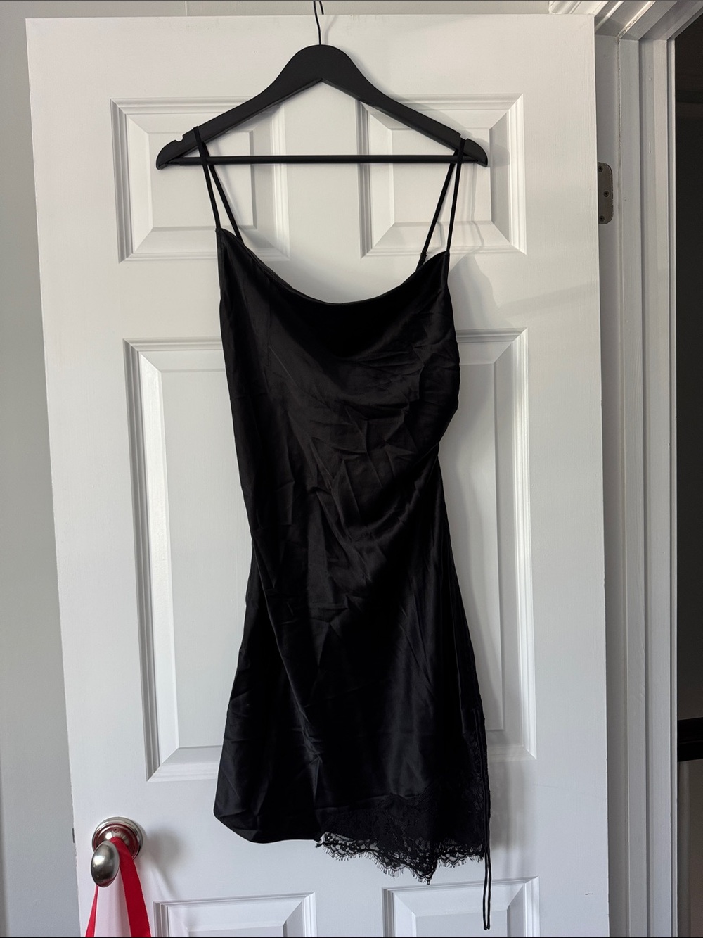 Fleur du Mal Black Satin Slip Dress with Lace Hem